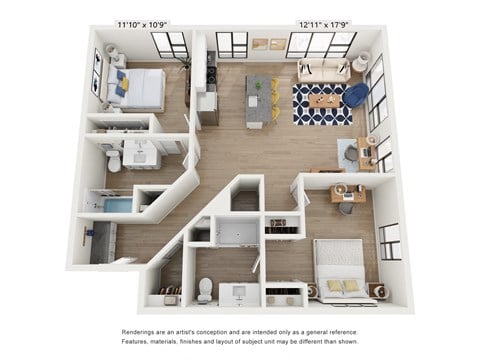Floor plan for 2 beds, 2 baths, 1109 sqft